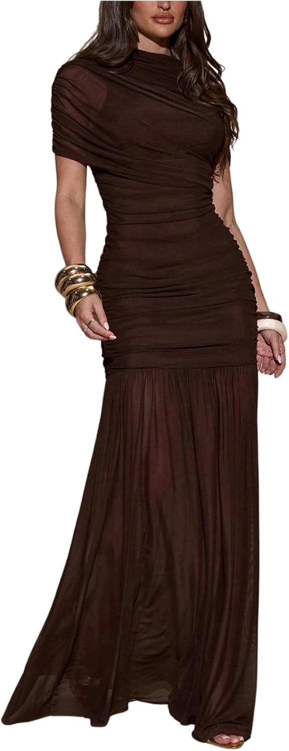 Milumia Women's Elegant Ruched Bodycon Mesh Maxi Dress Mock Neck Short Sleeve Cocktail Party Dresses