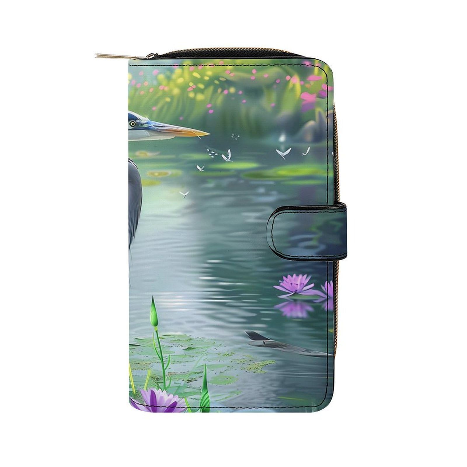 Biding Time Great Blue Heron Leather Long Pouch Wallet for Men And Women Large Capacity Clutch Cash Wallet with Zippered