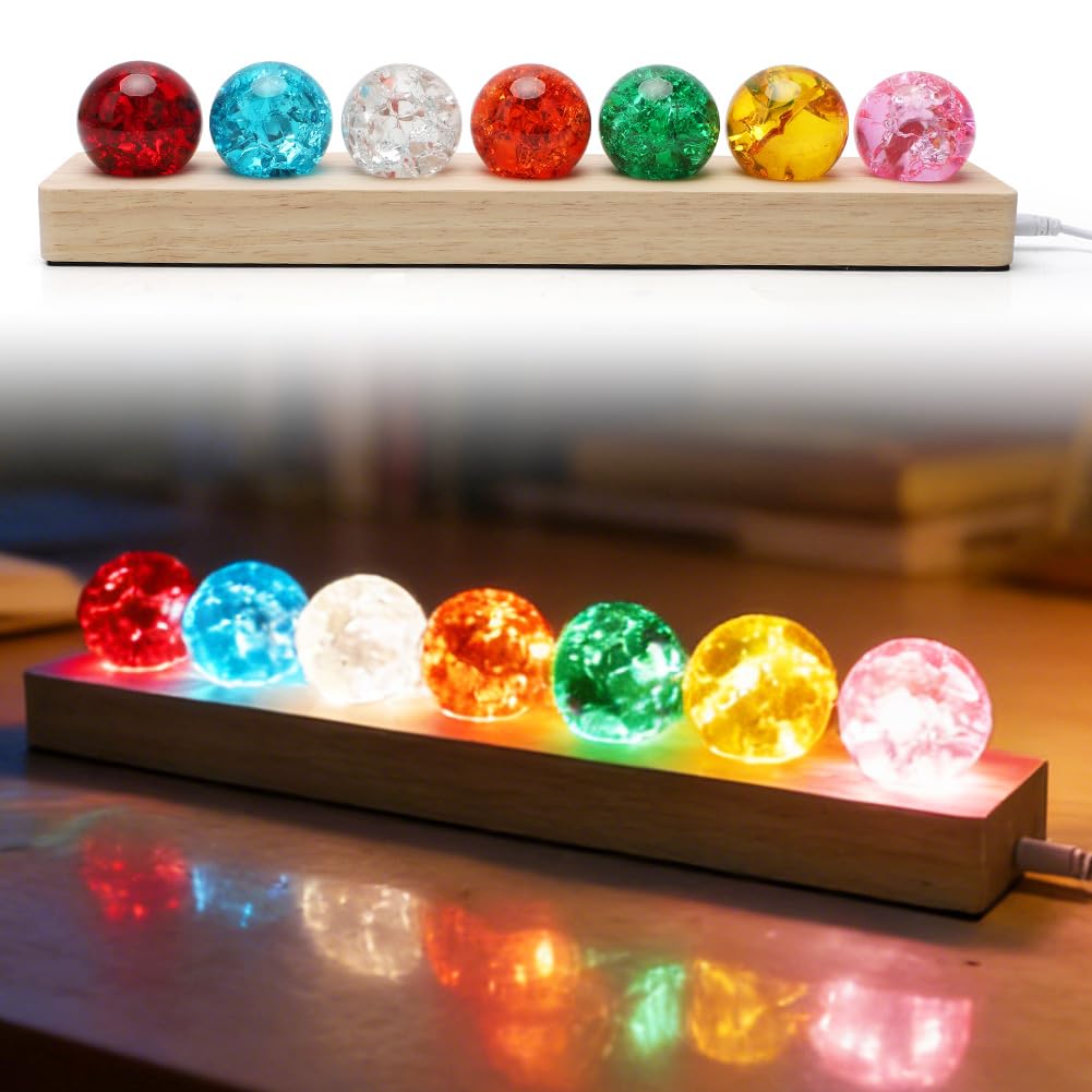 Set di 7 Sfere di Cristallo con Supporto in Legno LED, Sfere di Cristallo 3D Incandescenti, Decorazione Casa per Soggiorno Camera da Letto, Meditazione Chakra Ornamento