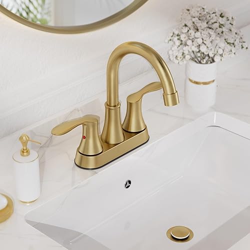 Miniatura 8 de Phiestina TY36-BG - Grifo de lavabo de baño de 4 pulgadas, 2 o 3 agujeros, oro cepillado, 2 manijas, giratorio de 360, con drenaje desplegable de