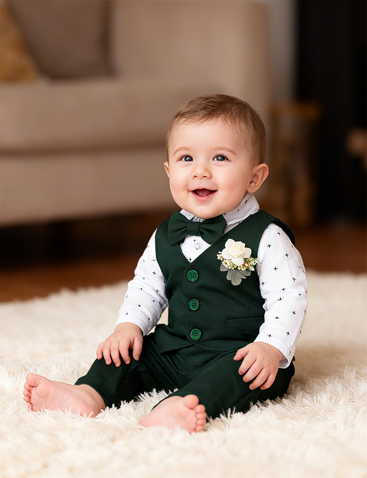 mintgreen Costume Bebe Garcon, 3pcs Ensembles Mariage Gentleman Vêtements Combinaison + Breast Flower Vest + Pantalon
