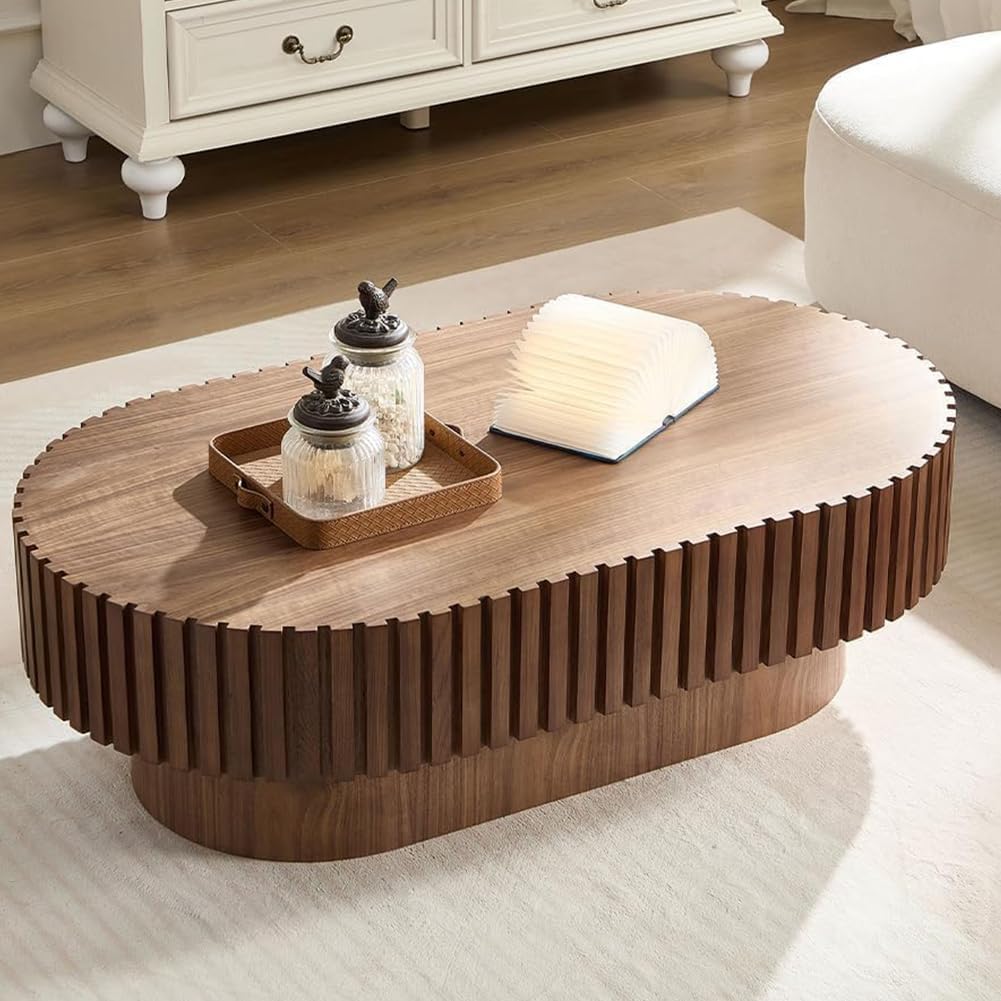 Oval Coffee Table for Living Room Fluted Coffee Table Mid Century Modern Center Table Wood Tea Table with Pedestal Home Furniture Office Apartment Easy Assembly 43.7" Walnut