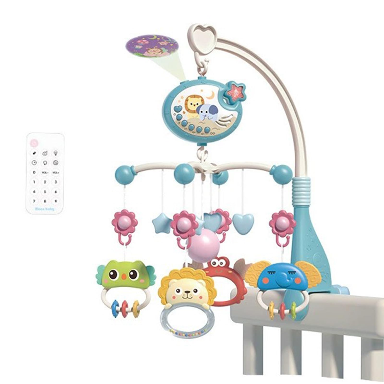 Crib Mobile with Music and Starry Projection Lights, Baby Mobiles for Cribs, Nursery Musical Mobile for Bassinets Toys Hanging Girls Boys, Portable Animal Mobile Hanger Arm Clip On Attachment (Bule)