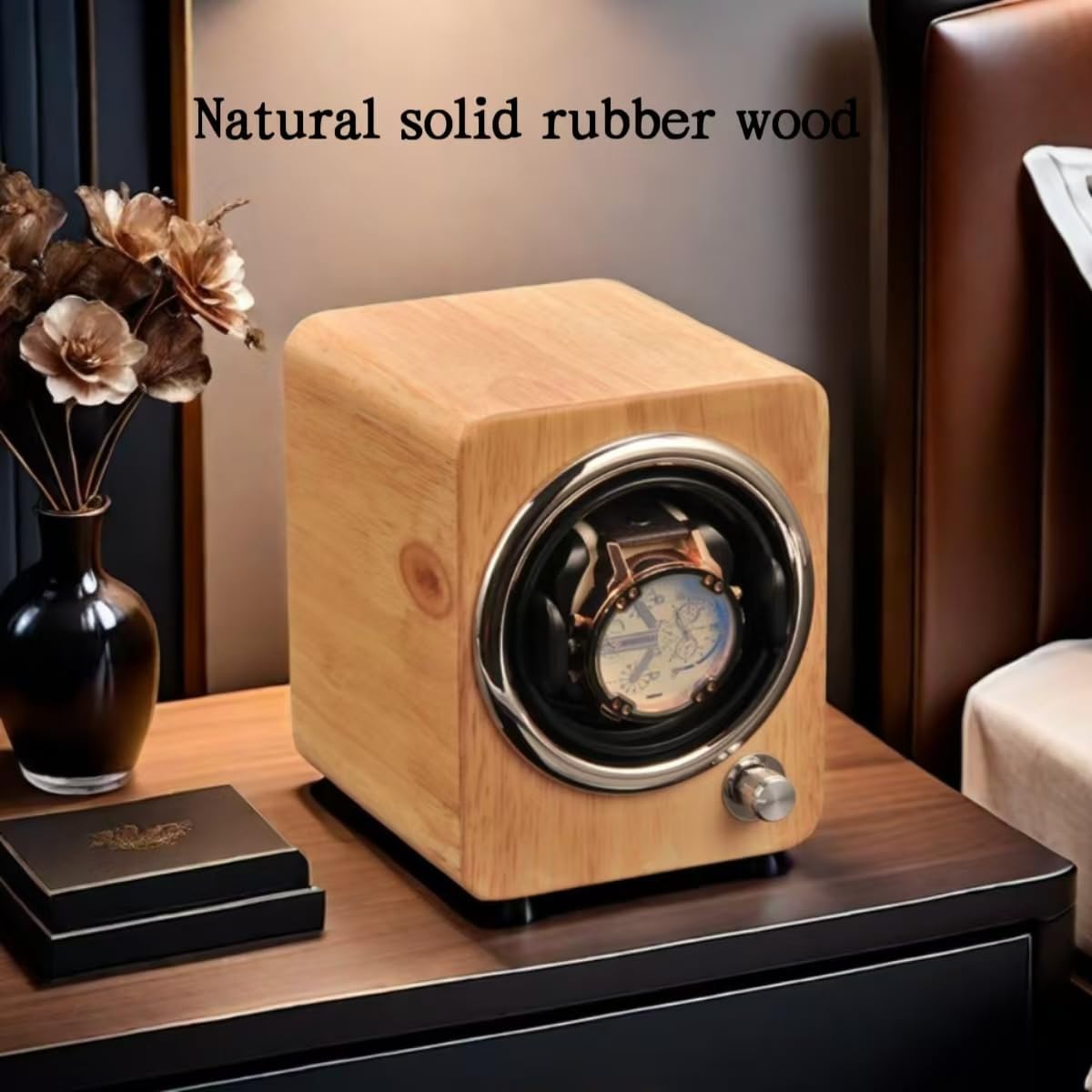 Bescott Solid Wood Watch Winder Box for Single Automatic Watches for Men with Quiet Japanese Motor 4 Rotation Mode Setting