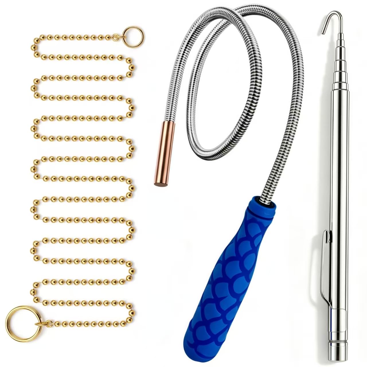 Wet Noodle & Retriever 27.5″Flexible Magnetic Pickup Tool 121" Fish Ball Chain Telescoping Retrieval Hook for Running Wires Through Wall