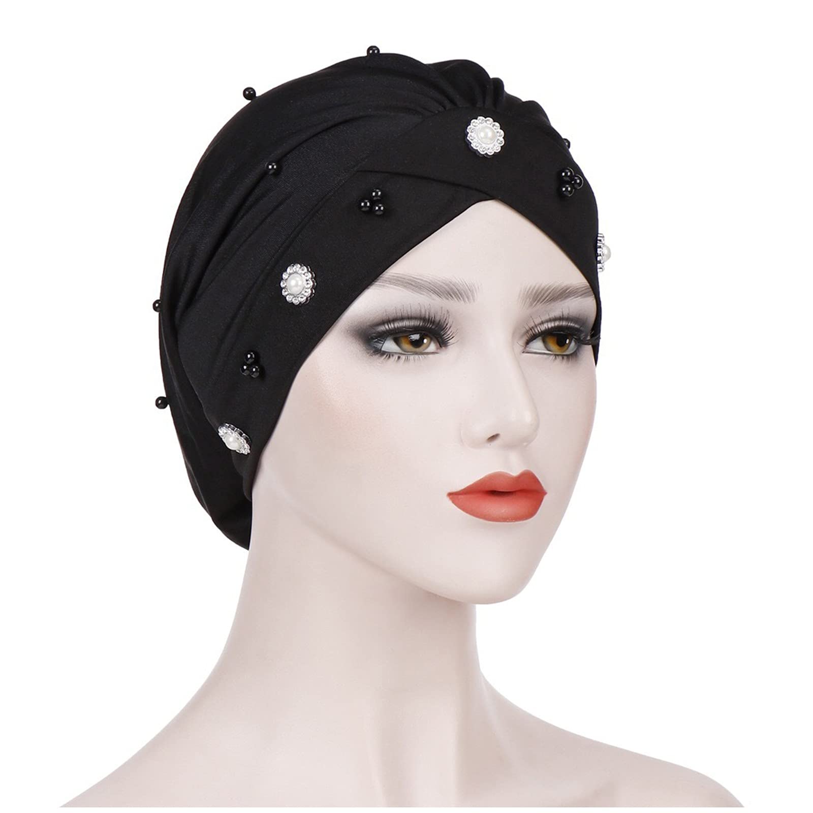 Zhiyao Women's Muslim Turban with Star Rhinestone Cap Headpiece Women's Hijab Beads Braid Turban Hat Headscarf Cancer Chemo Beanie Bandana Headwrap Cap 2023, black, One Size