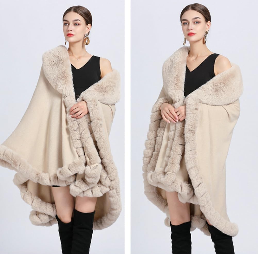 Women Poncho Cape Faux Fur Collar Knitted Cardigan Sweater Batwing Long Sleeve Shawl Wrap Coat Oversized Cloak - Image 3