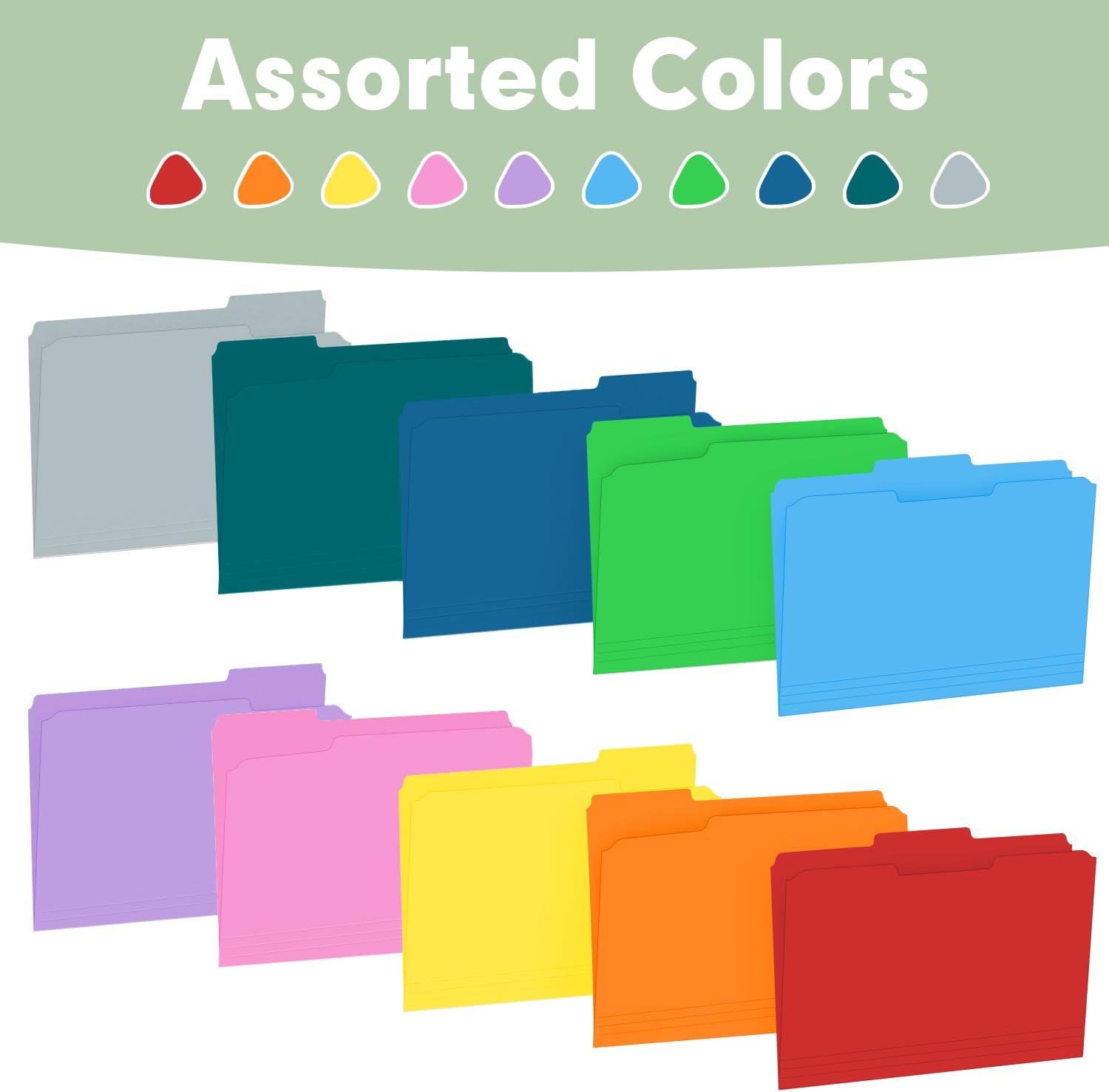File Folder, RAZCC Colored File Folders, 1/3 Cut Tab File Folder Letter Size, Filing Folders with Tabs for Office School Business Use, Assorted 10 Colors (100 Pack)