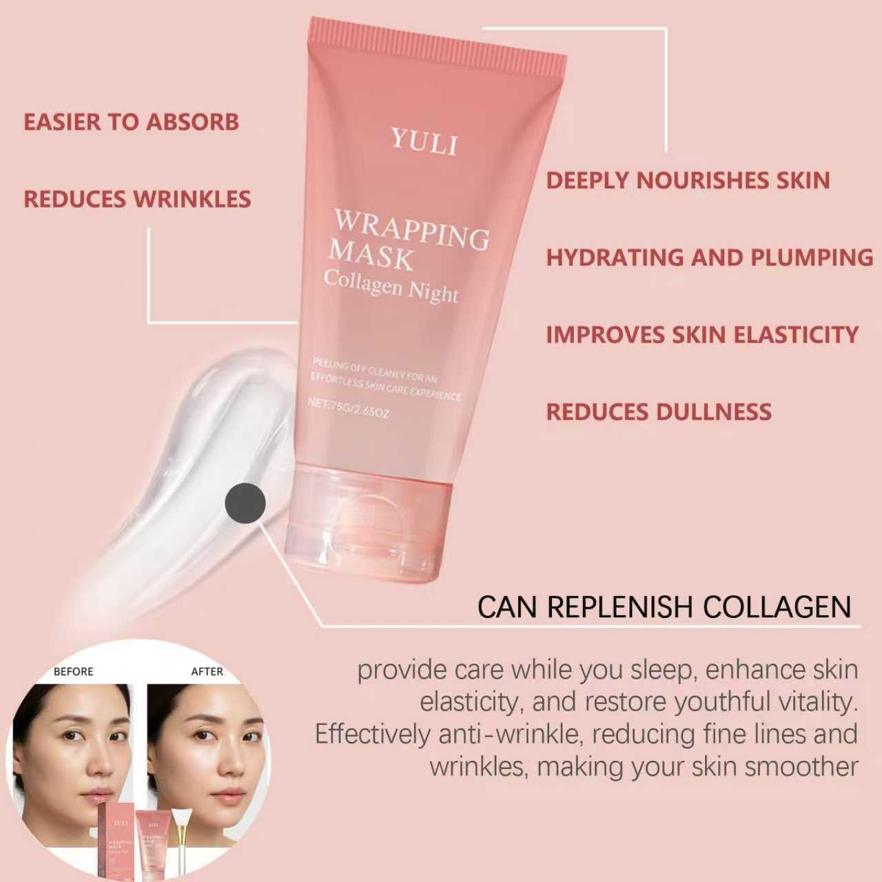 YULI collagen night wrapping mask, Overnight collagen face mask Easy Peel Off Facial Mask Skin Care night mask 2.54 fl.oz (2pcs)