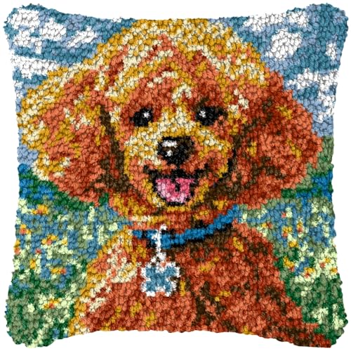 XDEGHUANGSS Kit Tapis Au Point Noué for Adultes,Kit de crochet de verrouillage, coussin de avec motif pré-imprimé sur toile faite à la main, Point Noué Coussin 43x43cm,Caniche