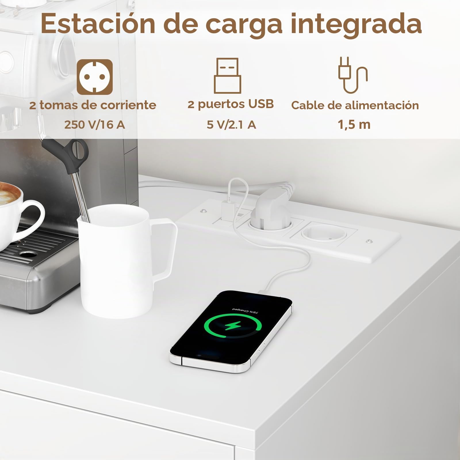 BEWISHOME Aparador Cocina, Aparadores para Salon con Toma de Corriente | 140x80x40cm mueble auxiliar de cocina, mueble cocina con 4 Puertas 2 Cajones y Estante Regulable para Salón Comedor Blanco