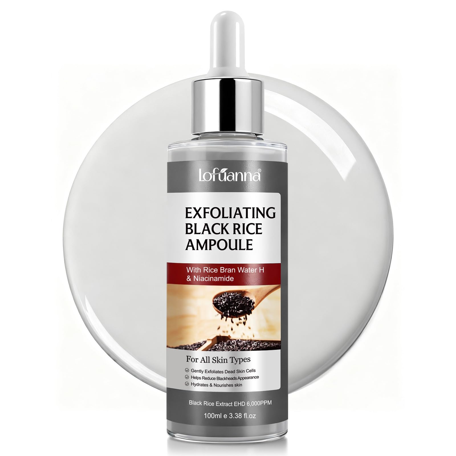 Black Rice Peeling Serum 100ml, Esfoliante Viso Delicato, Siero Esfoliante Riso Nero, Rimuove Cellule Morte e Punti Neri, Minimizza Pori, Niacinamide & Estratto di Riso Nero, Pelle Luminosa e Liscia