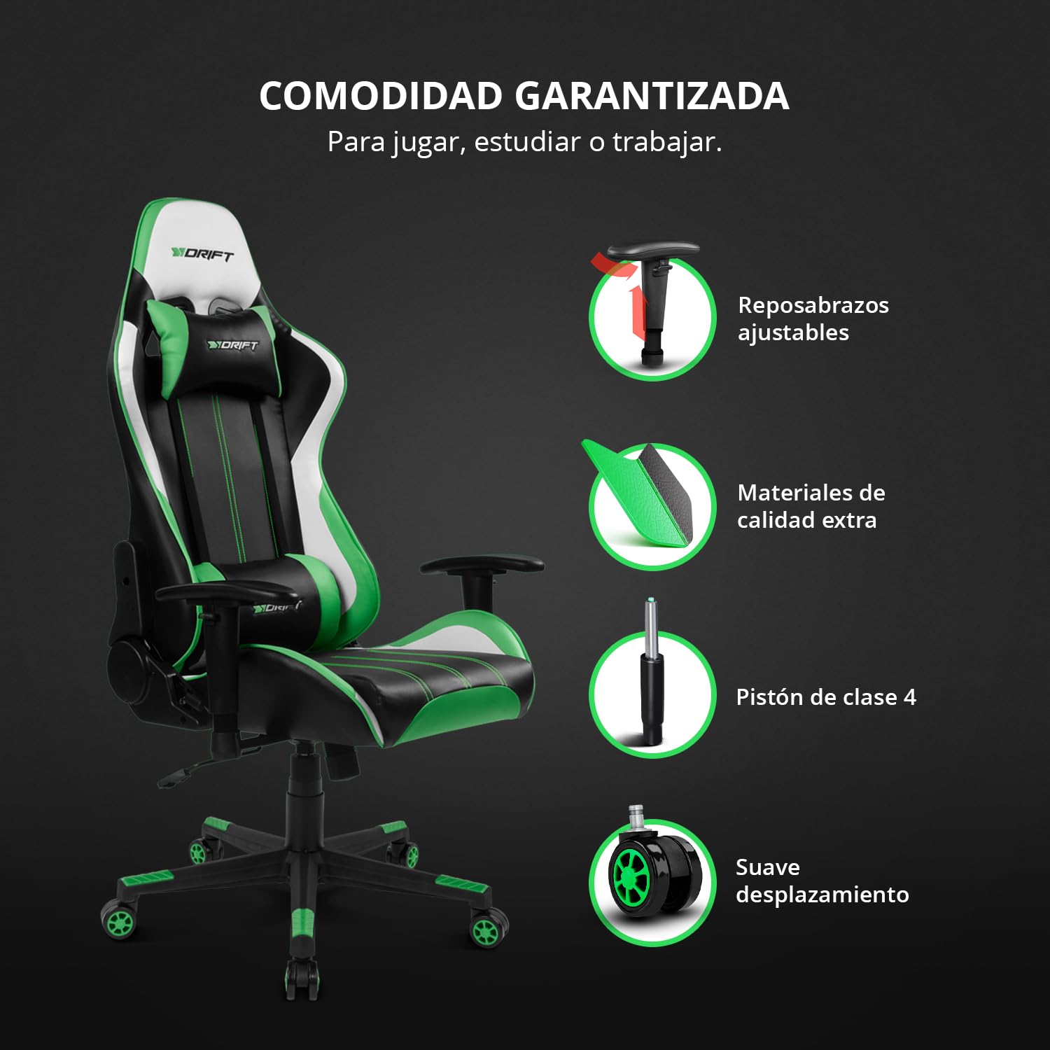 DRIFT GAMING DR175 - Silla Gaming Profesional, polipiel, reposabrazos ajustables 2D, pistón clase 4, giratoria, mecanismo de mariposa, cojín lumbar y cervical, color negro/blanco/verde
