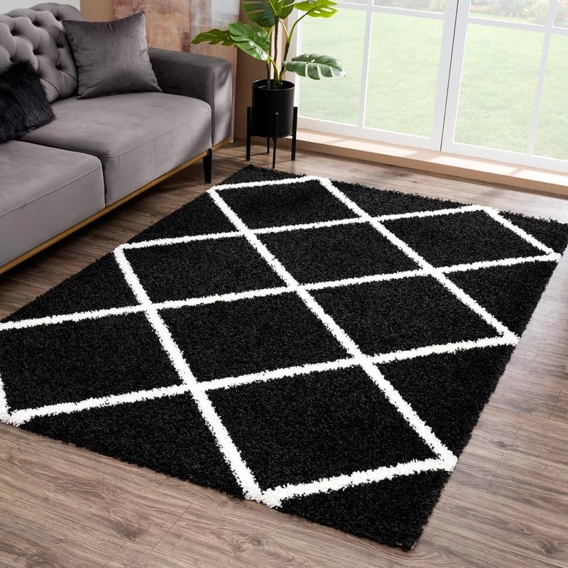 Image of SAGON Anti-Skid Shaggy Carpet Rug for Home | Ultra-Soft Plush Floor Mat for Living Room & Bedroom | Non-Slip, High-Density, Cozy Luxury Decor| 6 x 9 Feet Black Ivory Box