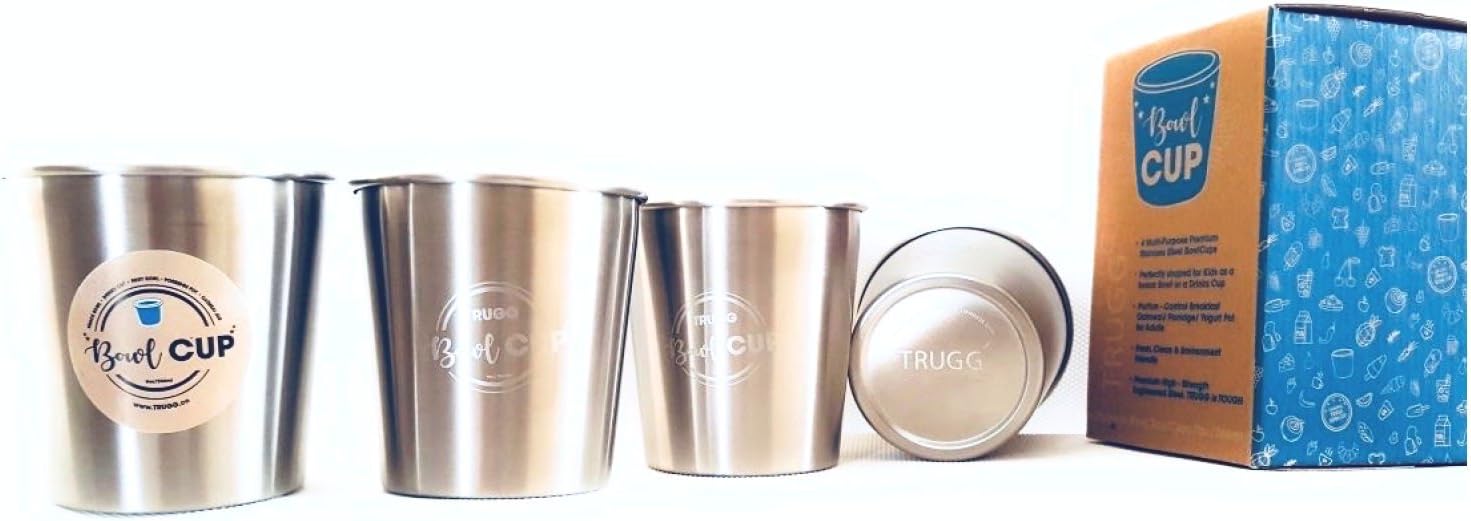 9oz Stainless Steel Drinking Cup and Snack Container hybrid for Kids, Adults - Multipurpose | 4-Pack, with Spill-Proof lid (2 No Spill Lids Included) by TRUGG