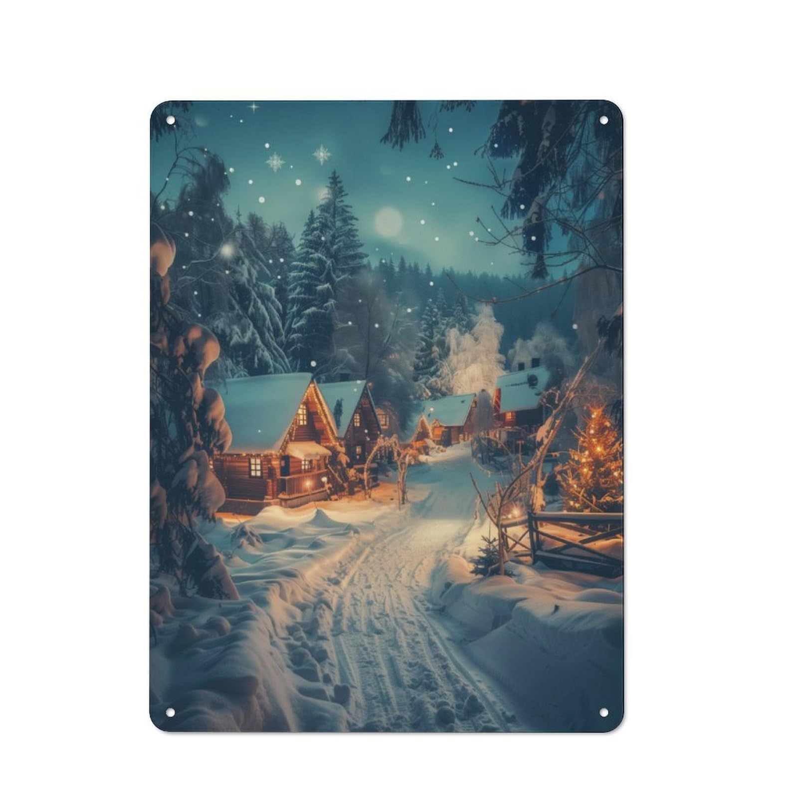 Junmoney Snowy Village Starry Sky Vintage Tin Sign 40X30cm With For Café Or Home Bar, Suited To Café-Style Decor Fans