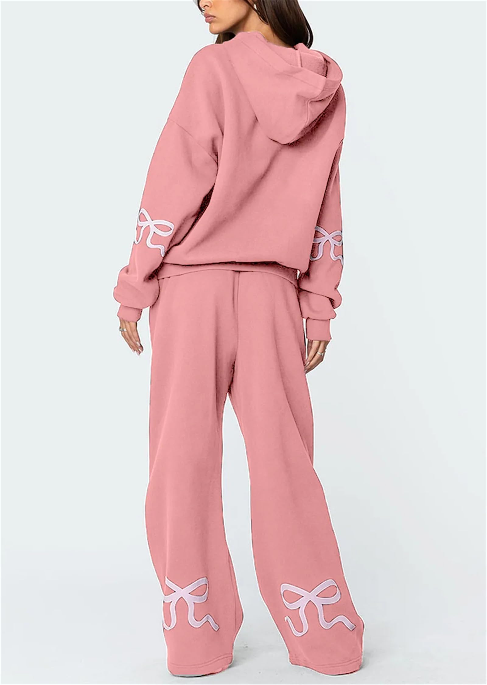 Conjunto deportivo de 2 piezas para mujer, conjunto de estampado de lazo, sudadera con capucha y pantalones deportivos para mujer, sudadera con lazo para mujer