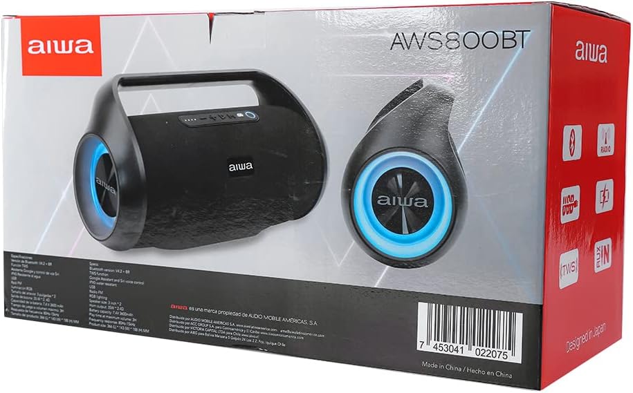 Front view of the Aiwa AWS800BT speaker packaging box, showing the speaker and branding