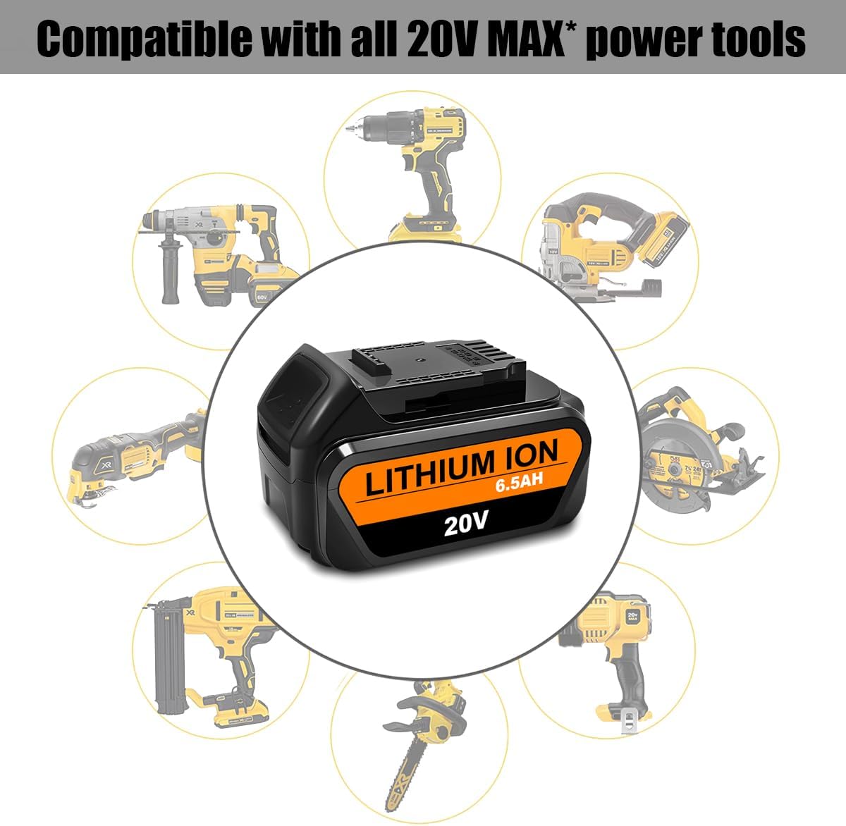 Lizone 20V Max 6.5Ah High Capacity Battery for Dewalt 20V Max XR Battery 6.0Ah 5.0Ah 4.0Ah Battery DCB206 DCB205Y DCB204 DCB200 20 Volts Max XR Lithium Ion Battery