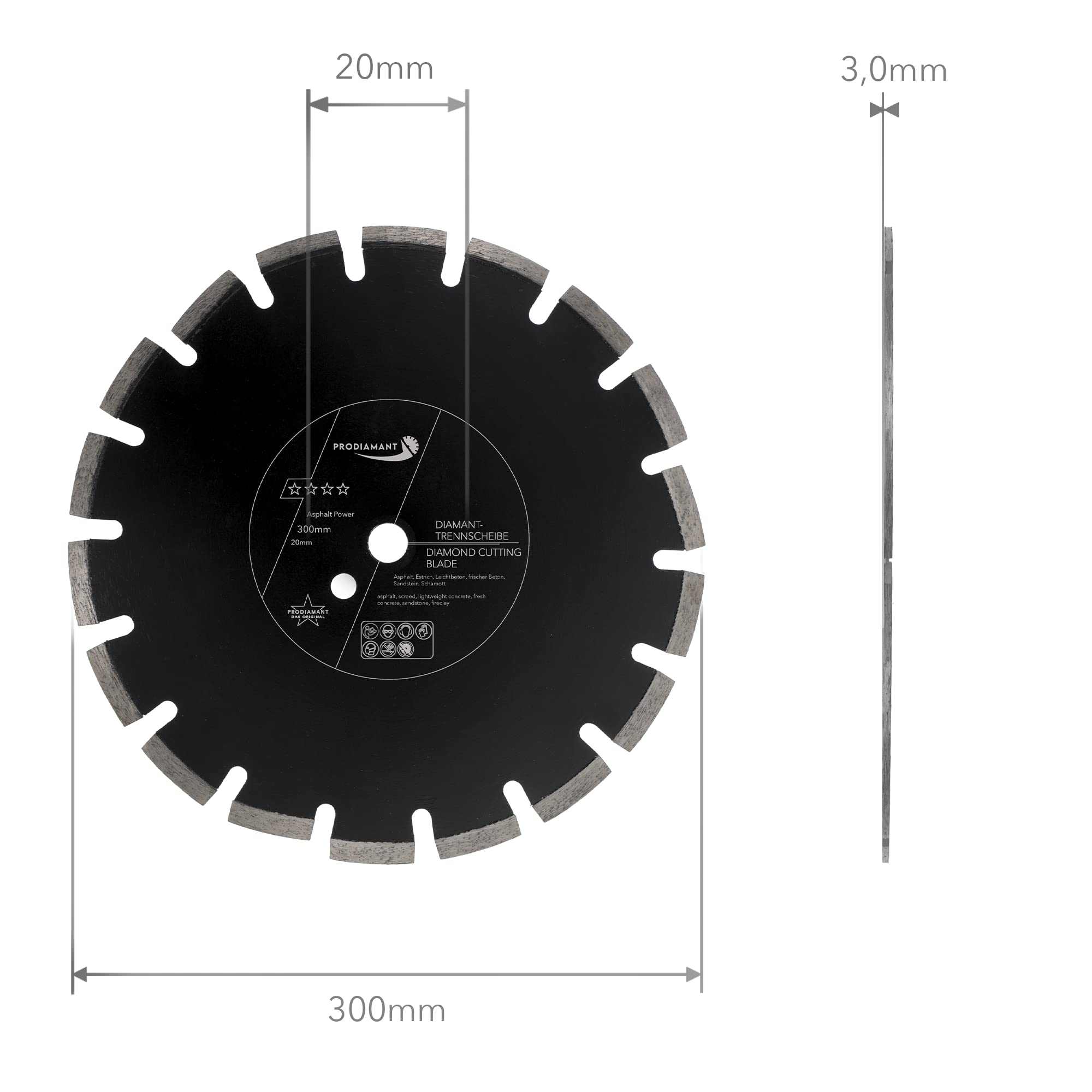 PRODIAMANT Disco de corte diamantado 300 mm x 20 mm abrasivo para asfalto, solado, hormigón ligero, hormigón fresco, arenisca y arcilla refractaria