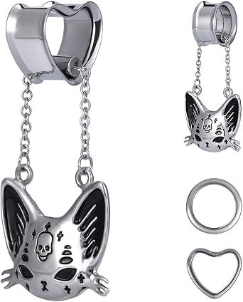 COOEAR Heart Gauges For Ears, Heart Tunnels Double Flared Plugs, Cat Dangle Plugs Earrings.
