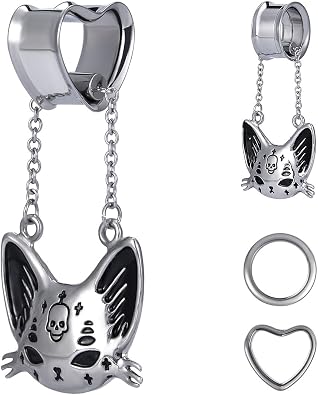 COOEAR Heart Gauges For Ears, Heart Tunnels Double Flared Plugs, Cat Dangle Plugs Earrings.