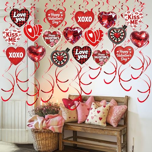 Image of 48 Pcs Red Heart Hanging Decor Set with Diamond, Disco Ball, Dartboard & XOXO Designs - Romantic Swirl Streamers for Valentine's Party, Anniversary, Holiday Celebration