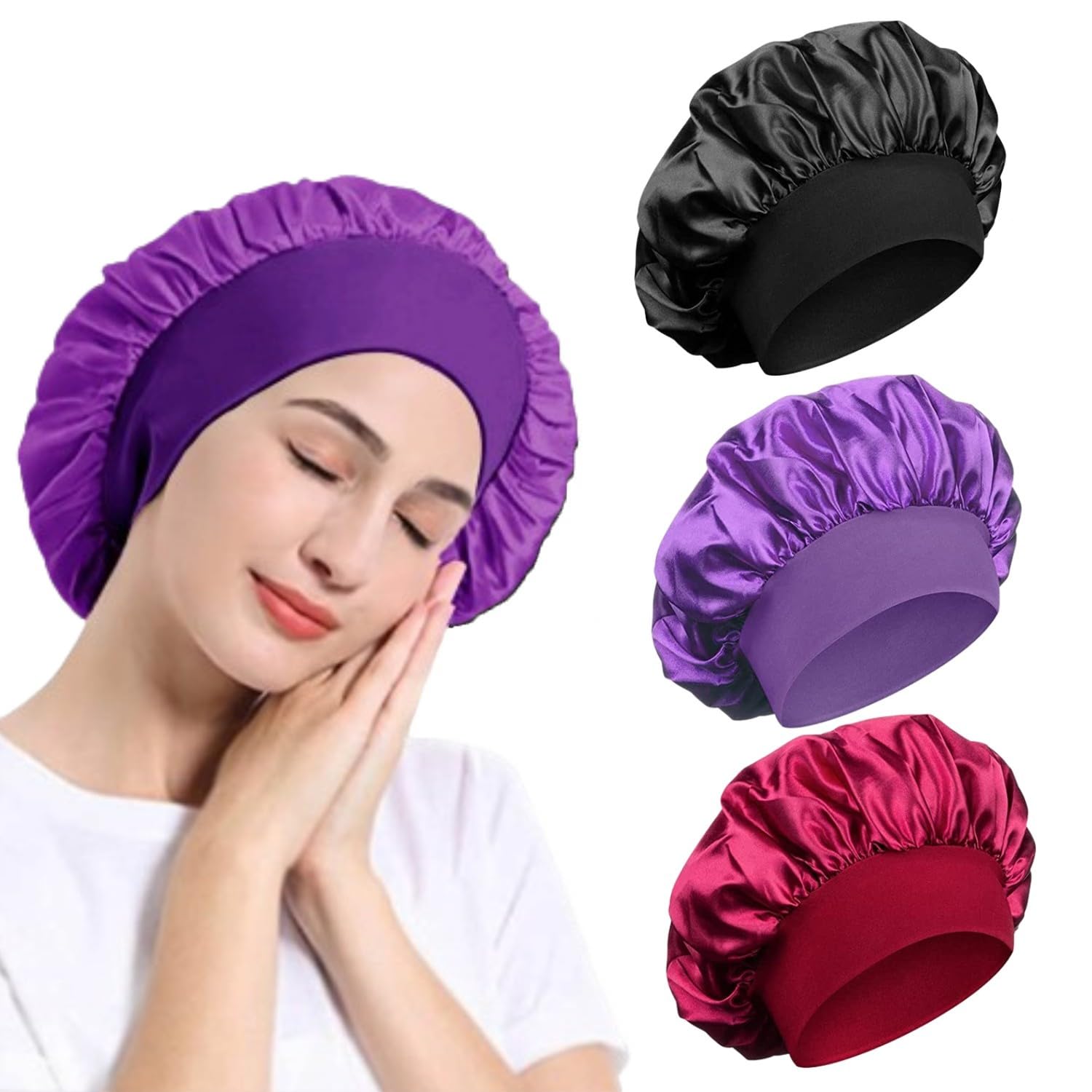 Cuffia da notte in raso, con ampia fascia elastica, fascia in seta, morbida copertura per la testa, per donne e ragazze, capelli ricci, Confezione da 3, rosso, nero, viola, M-L
