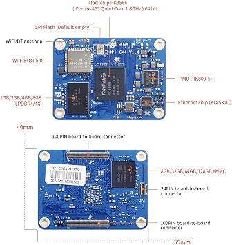 Orange Pi Compute Module 4 with 1GB Ram 8GB eMMc Core Board+Base Board Support 4K HD Display Integrated RKNN NPU AI Accelerator