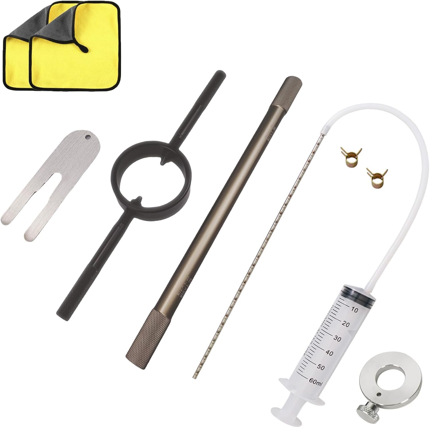 Fork Service Tool Kit, Universal Motorcycle Fork Tool with Fork Spring Compressor/Fork Oil Level Tool/Damper Rod Bleed Tool/Cleaning Towel