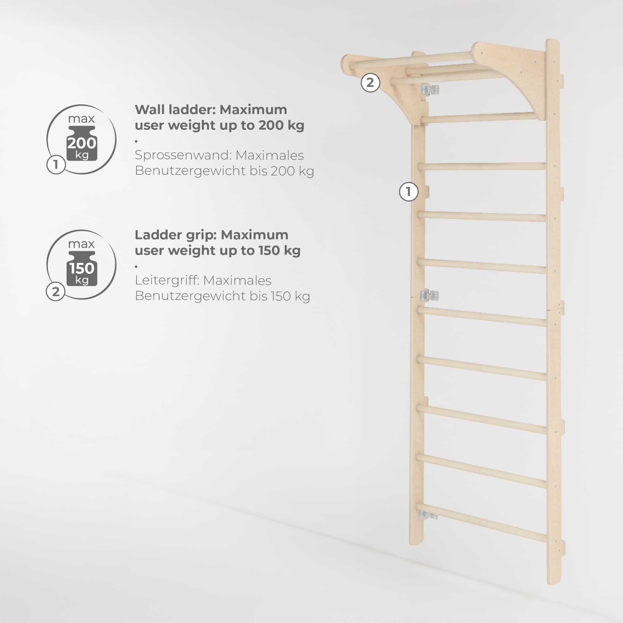 MAMOI Sprossenwand mit Klimmzugstange für Erwachsene (230 cm), Holz-Kletterwand, Multifunktionales Fitnessgerät, Kletterleiter für Erwachsene mit Option zur Personalisierung, 100% ECO, Made in EU