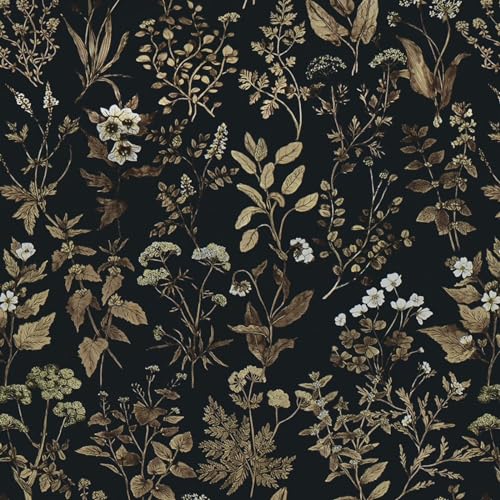 Fiula Botanical Self Adhesive Wallpaper Peel and Stick Floral Wallpaper Black and Gold 44CMx12M Leaf Smooth Decorative Furniture Sticker Removable Vinyl Wrap Roll for Bedroom Walls Cabinets Shelves