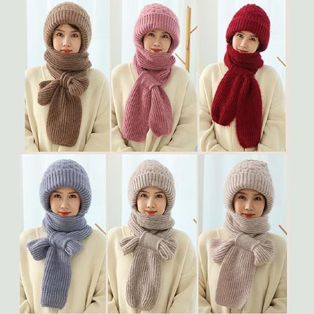 P & F CREATION 2‑in‑1 Wind‑Blocking Knit Scarf & Beanie Cap for Women – Soft, Warm, All‑in‑One Winter Head & Neck Cover-1 pcs -Multicolor