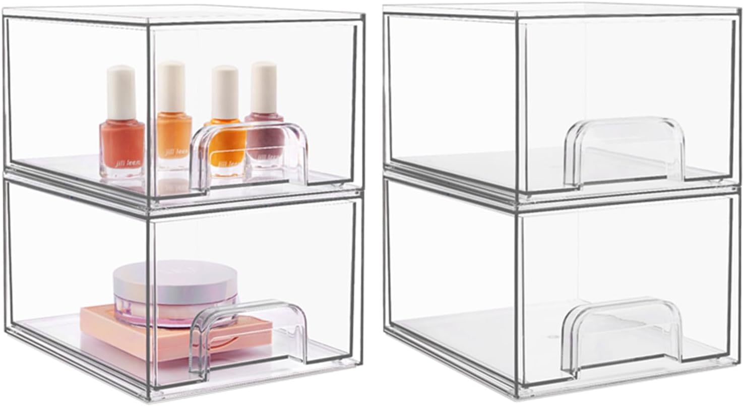 4 Pack Stackable Makeup Organizer Storage Drawers, Acrylic Bathroom Organizers,Clear Plastic Storage Bins For Vanity, Undersink, Kitchen Cabinets, Pantry, Home Organization and Storage