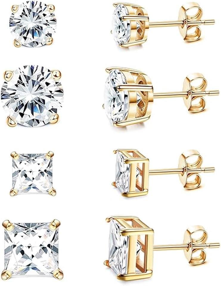SEEDRILL Gold Stud Earrings for Women Men AAAAA+ Cubic Zirconia Earrings Hypoallergenic 316L Surgical Stainless Steel Earrings 18K Gold Plated Square & Round CZ Earring 3-6mm 4 Pairs