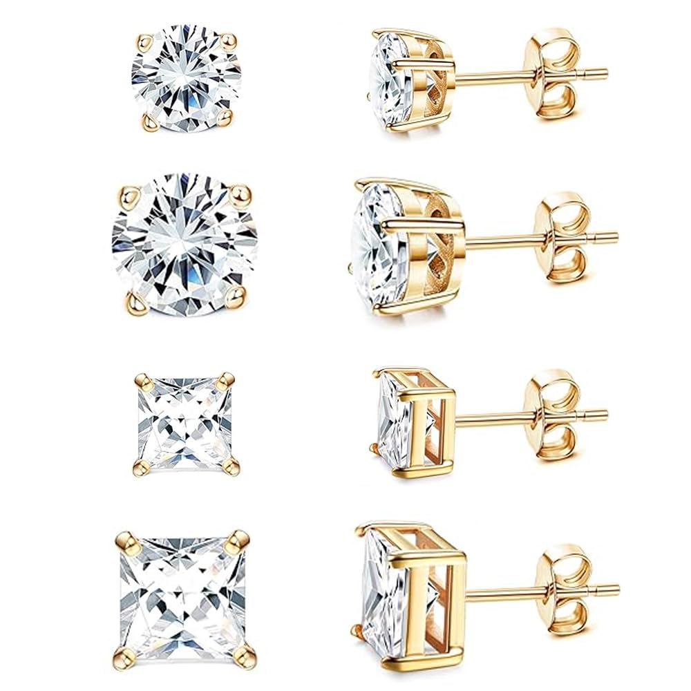 SEEDRILL 4Pairs Hypoallergenic Stud Earrings for Women Men Waterproof CZ Gold