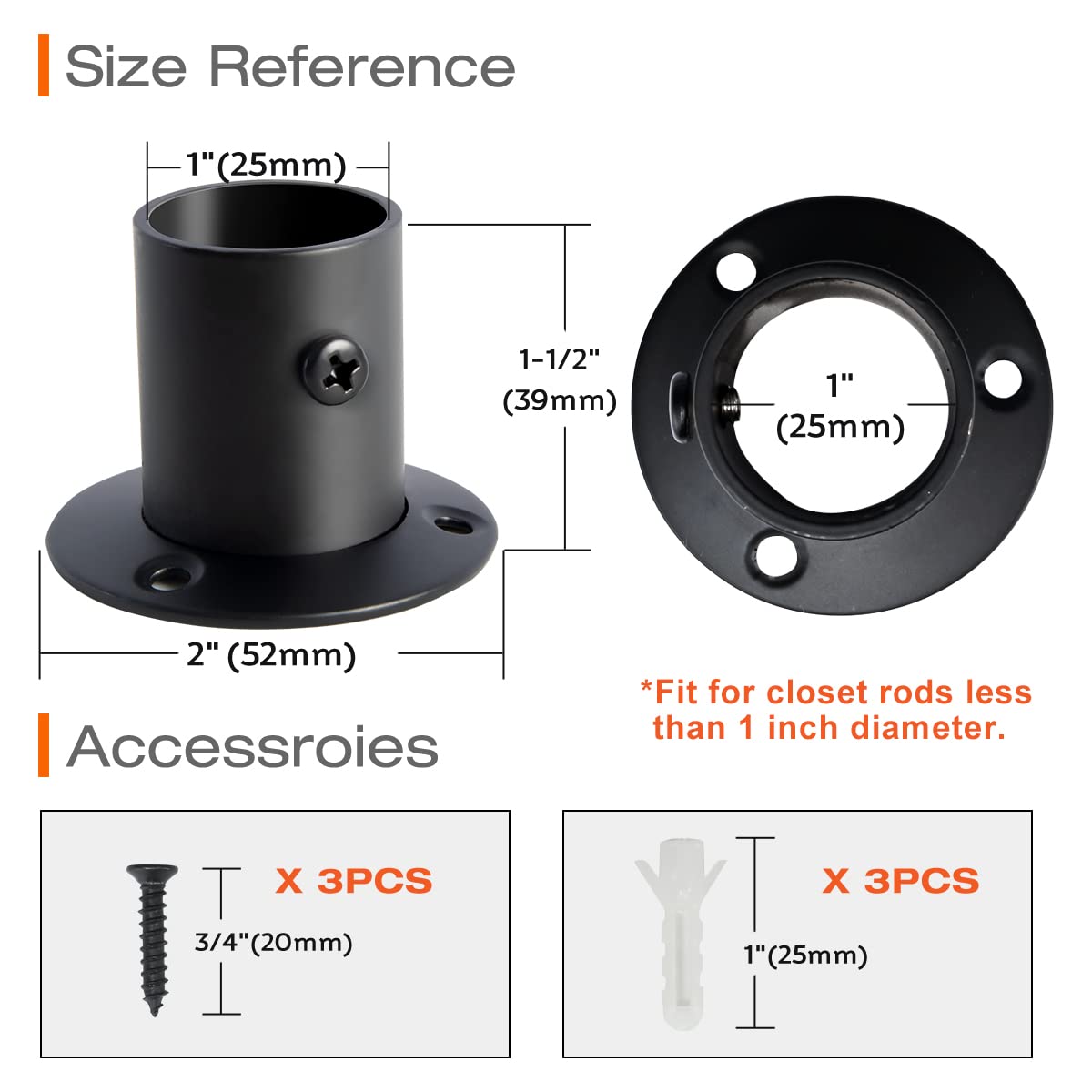 Snapklik.com : KOVOSCH 2 Pack Stainless Steel Closet Rod Brackets, 1 ...