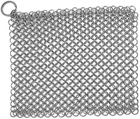 Stainless Steel Cast Iron Cleaner, Chainmail Scrubber, Skillet Grill Scraper With Hanging Ring Anti-Rust Made For Cast Iron Pans, Pre-Seasoned Pan, Waffle Iron, Dutch Oven Pans, 7inch x 7 inch Square