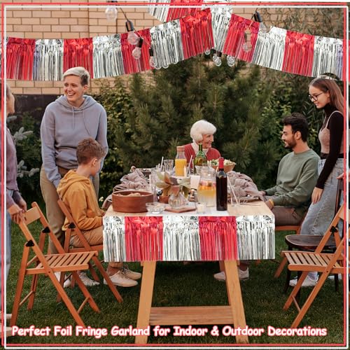 Image of 4 Pack 10 Feet Red Silver Foil Fringe Garland Metallic Tinsel Streamers Banner Fringe Curtain Banner for Parade Floats Wedding Graduation Homecoming Carnival Birthday Party Decorations (Red Silver)