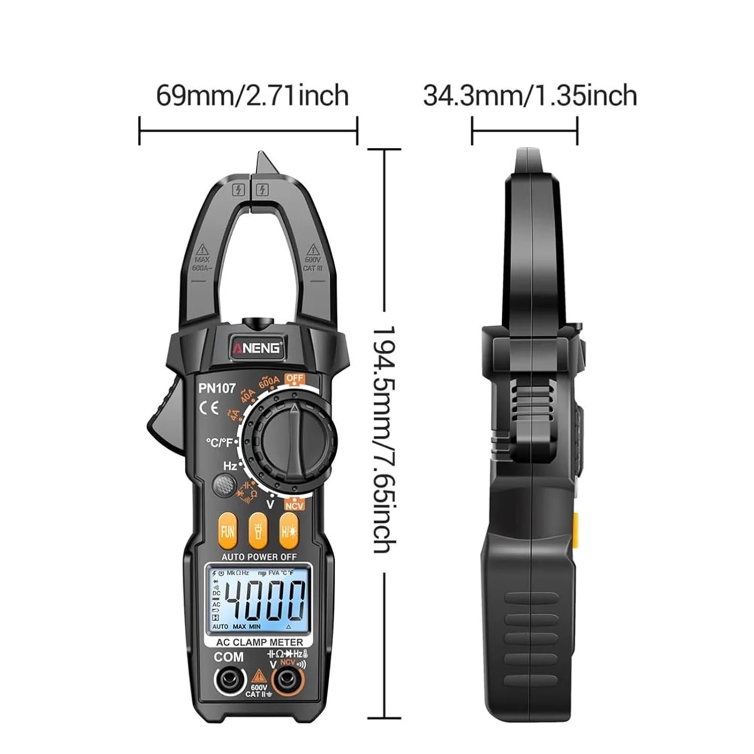 PN107 Digital Clamp Meter AC/DC Voltage Temperature Test Multitester True RMS 4000 Count Electrical Multimeter Tester Tool(Orange)