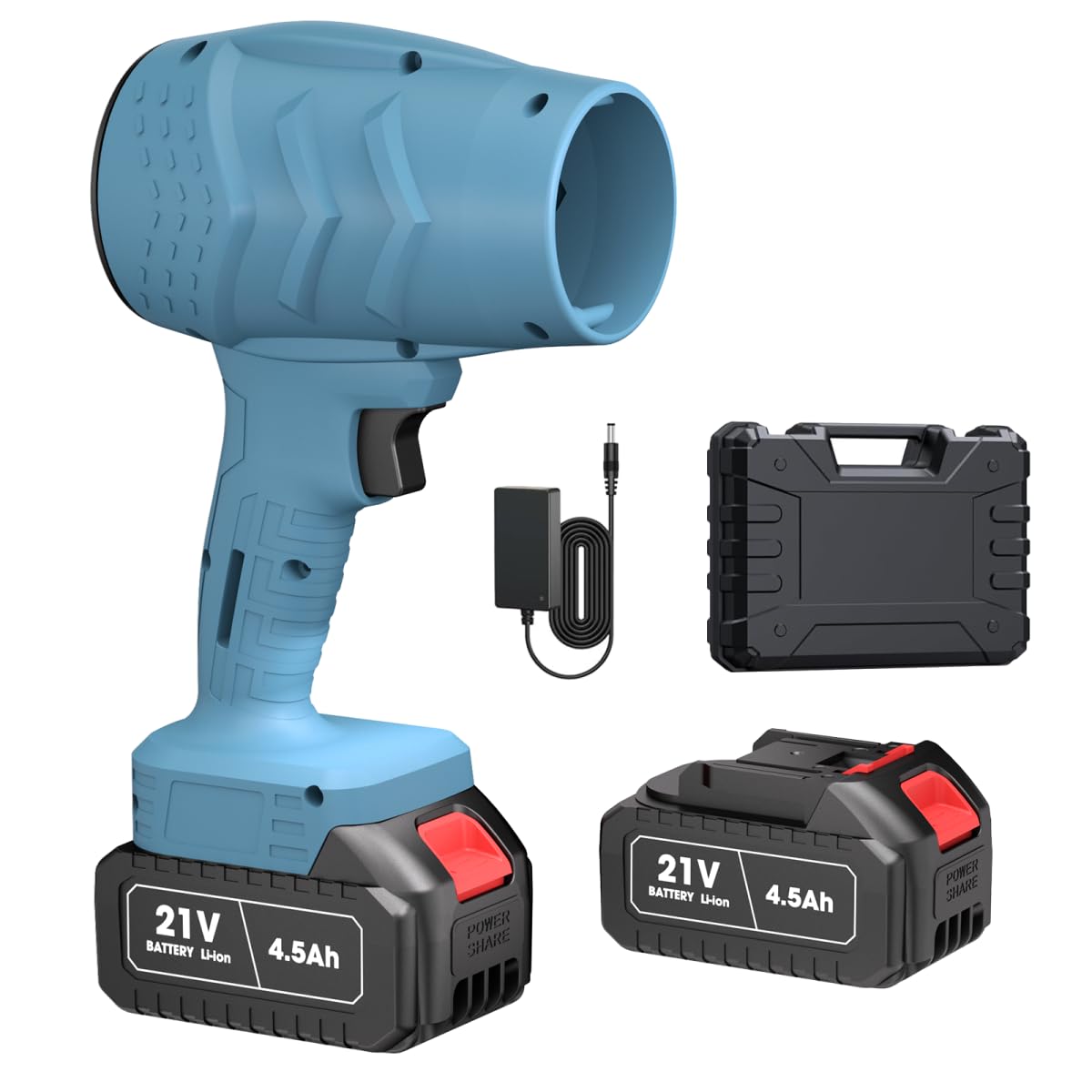 Soffiatore elettrico portatile leggero da 21 V, con 2 batterie, 380000 batteria, per soffiare foglie, turbo jet per pulizia portico e patio, pulizia garage e piccoli lavori (blu)