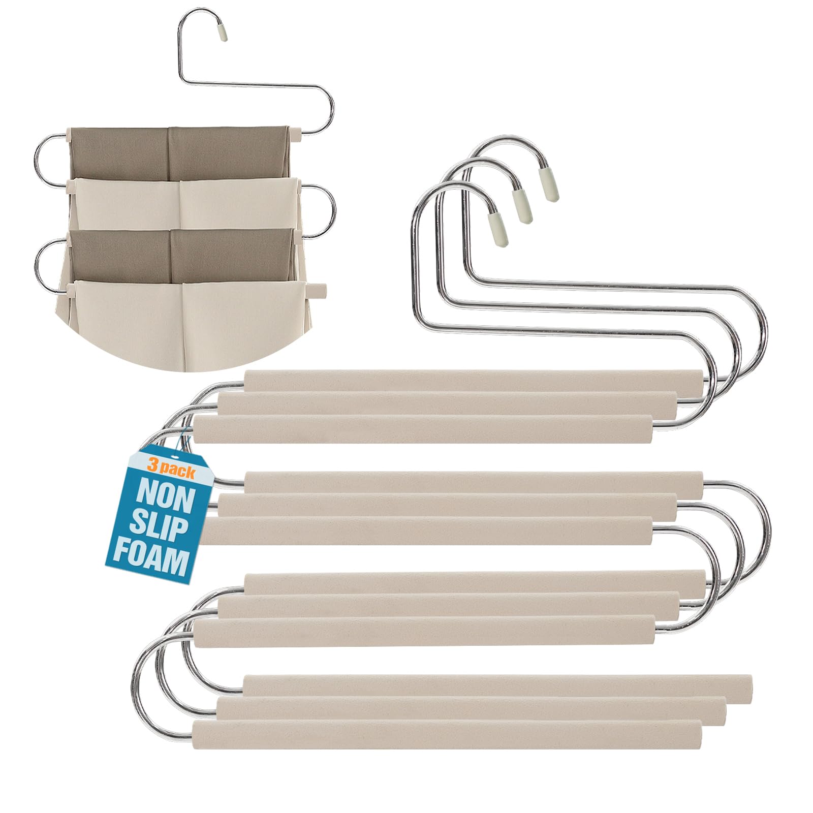 Mehrstufige, platzsparende, gepolsterte Hosenbügel, knitterfrei, 4-lagig, Beige, 3