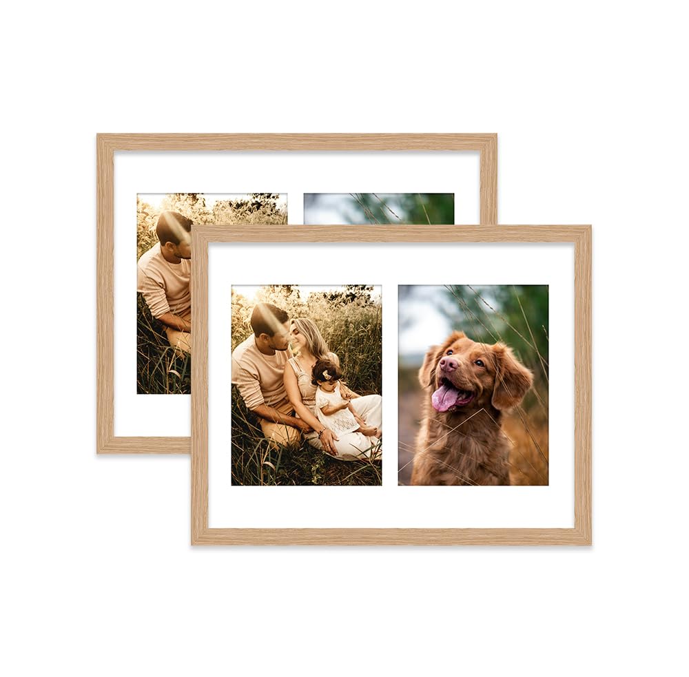 Oak Multi Photo Frame - Holds 2 x 8x6 Pictures, Family Collage Picture Frame for Wall Display, 14x11 Frame size, Set of 2