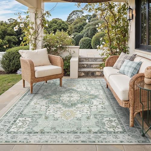 GENIMO Outdoor & Indoor Area Rug 5'x8', Waterproof, Non-Shedding, Easy Cleaning, Boho Mat for Patio, Living Room, Balcony, Dining Room, RV, Deck, Bedroom, Camping, Outside Carpet,Light Green by GENIMO - Used condition - US$51.02