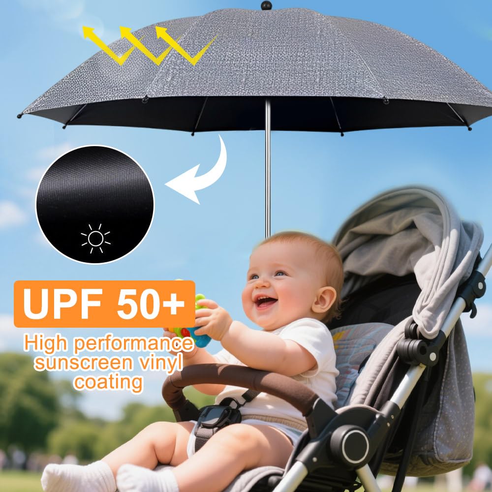 Parasol do wózka uniwersalnego, ochrona przed promieniowaniem UV 50+, parasol do wózka, średnica 82 cm, do wózka dziecięcego, szary