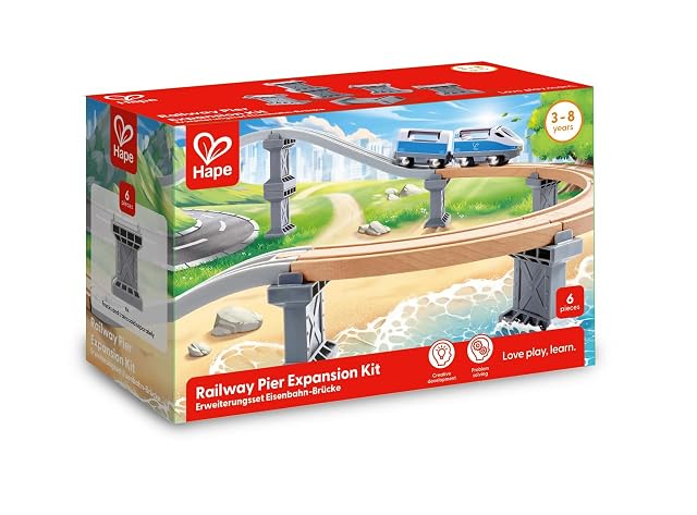 Hape Kit Expansión Vía Elevada, Accesorio Vía Tren Madera, 6 Pilares, Juego Educativo Infantil