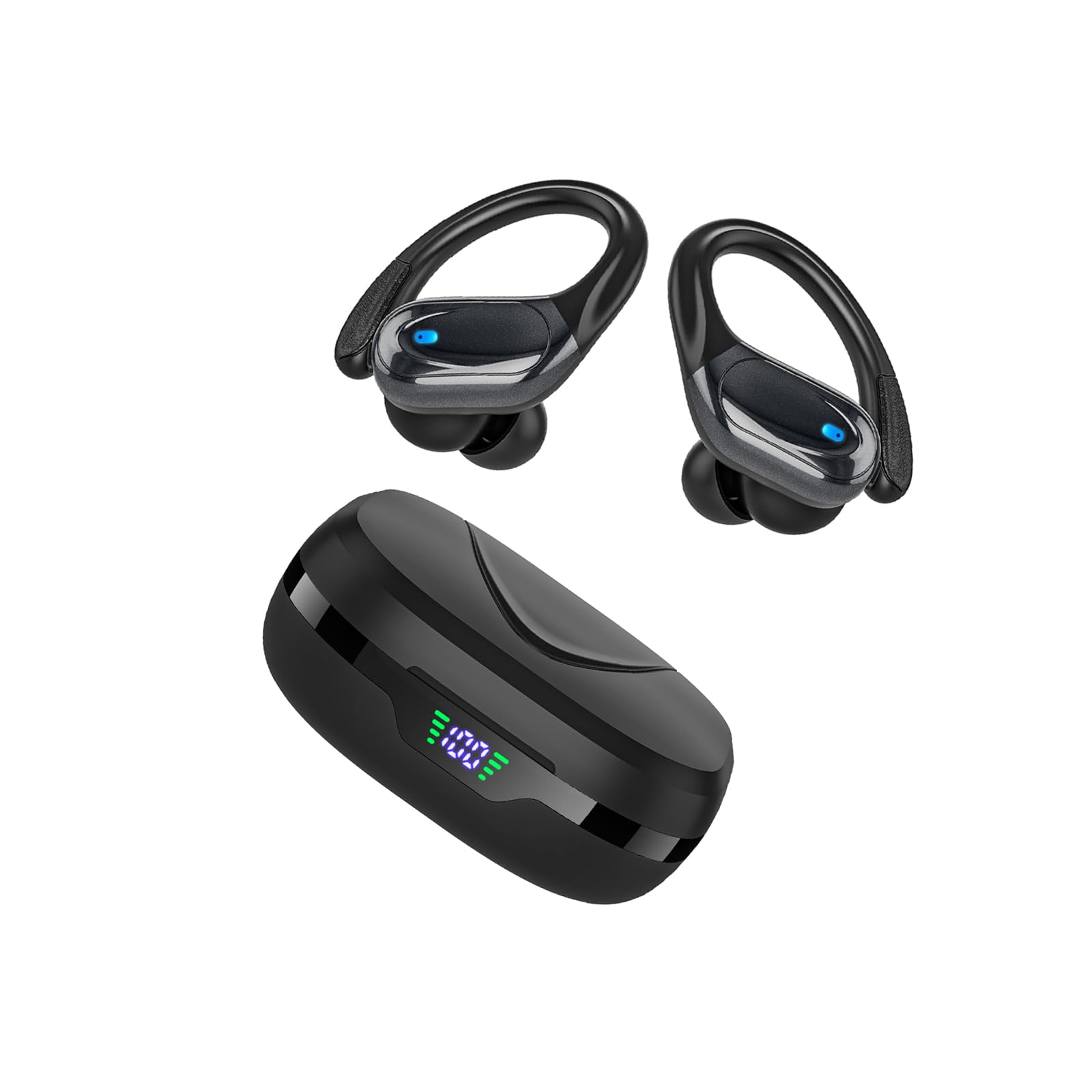 HAOYUYAN Sports Bluetooth Headphones, 80Hrs Playtime Wireless Earbuds with LED Power Display Noise Canceling Headset Ear Buds（Piano Black）