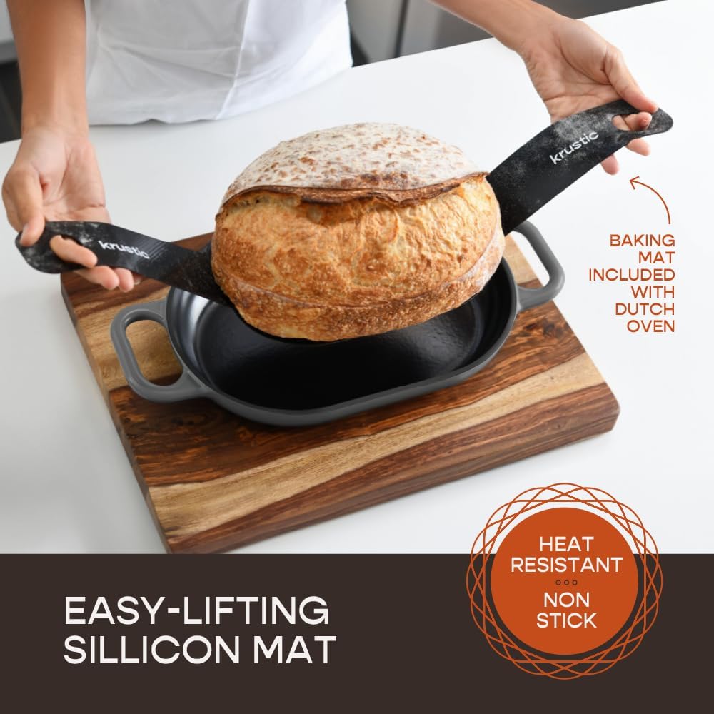Enameled Cast Iron Dutch Oven for Professional Sourdough Bread Baking | 5.5 Quart Loaf Size Oval Cookware Pot with Lid | Triple-Layer Enamel Coating Pan with Non Stick Silicone Mat | Gray