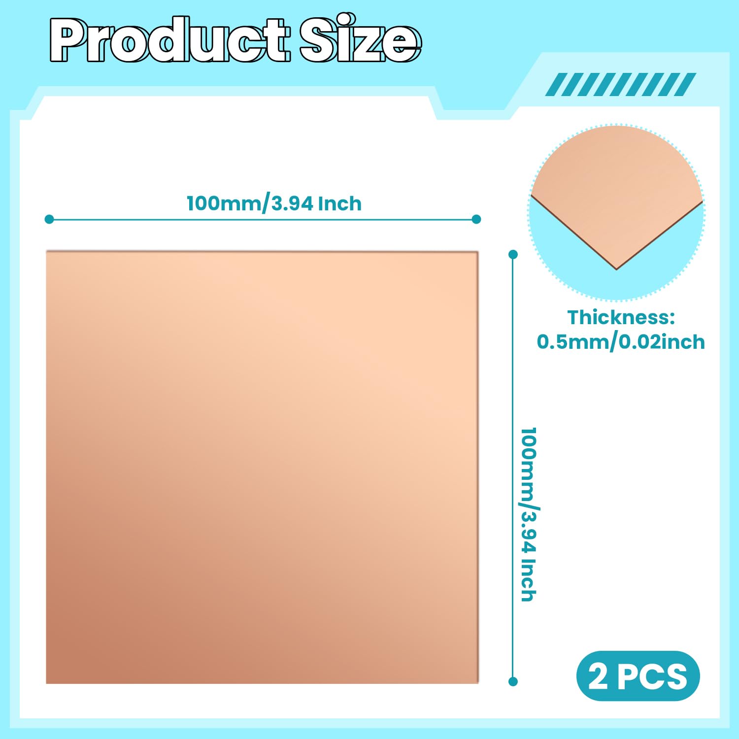 Blacha miedziana, 2 sztuki płyt miedzianych 100 × 100 × 0,5 mm, 99% czysta blacha miedziana do wyrobu metalu, produkcji biżuterii, majsterkowiczów, biżuterii i wielu innych