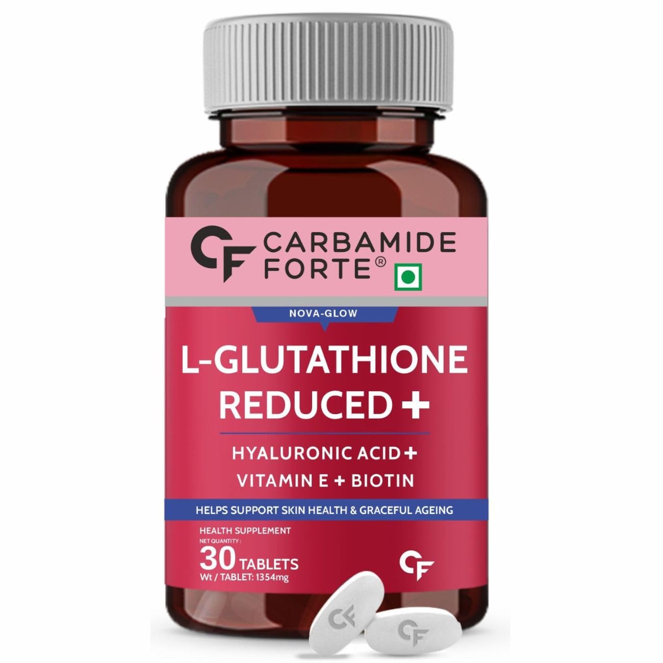 Carbamide Forte Japanese Reduced L Glutathione 500mg Tablets | L Glutathione with Hyaluronic Acid, Vitamin E, Lycopene & Biotin– 30 Veg Tablets